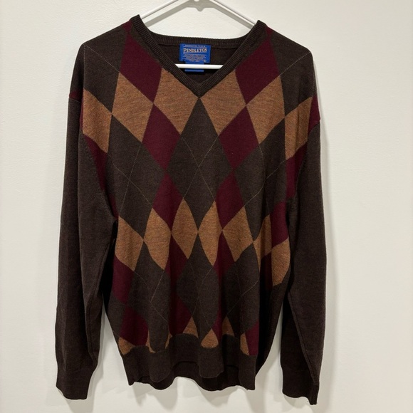 Pendleton Merino Wool Mens Sweater V-neck Plaid Argyle Brown Yellow Maroon - Picture 1 of 11